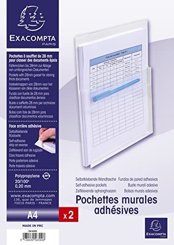 Exacompta 56300E 2er Pack Wandprospekthalter DIN A4 selbstklebend aus sehr starkem PVC 200µ transparent Plastikhülle Klarsichthülle für Büro und die mobile Organisation