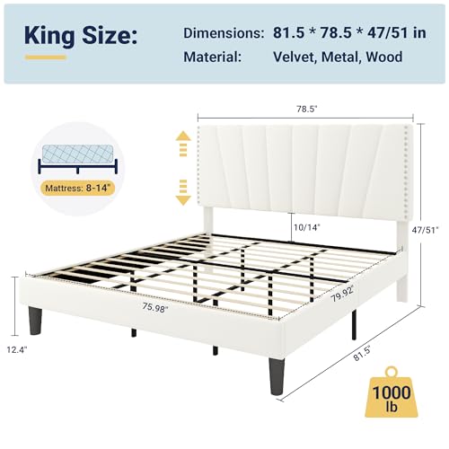 Image of Allewie King Size Velvet Platform Bed Frame with Adjustable Headboard White | Height-Adjustable Velvet Headboard, Rivet-Style Nailhead Trim, Wooden Slat Support, No Box Spring Needed, Easy Assembly