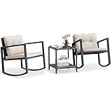 Tangkula 3 Pieces Patio Wicker Rocking Set, Outdoor Rocking Chairs and Table Set...