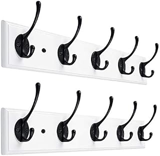 Wall Mounted Coat Rack, Bamboo 17 inch Wall Hanging Shelf with 5 Black Dual Hooks for Hallway, Bathroom, Living Room, Bedroom, 2 Pack, White
