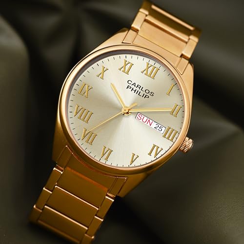 Image of Carlos Philip Men's Roman Numeral Analog Watch - Day and Date Display, Stainless Steel Strap, Quartz Movement, Business Style Watch for Men
