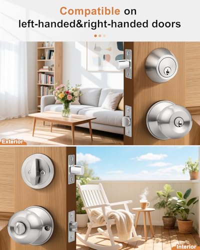 Probrico 5 Sets-Keyed Alike Entry Door Knob with Single Cylinder Deadbolts, Keyed Handleset for Front Door Exterior and Interior Hardware, Entry Lockset Lever Set Satin Nickel, Contractor Pack - Image 5