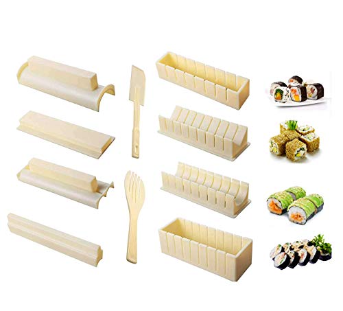 Sushi Making Kit for Beginners-10 Pieces Plastic Sushi Maker Tool Complete with 8 Sushi Rice Roll Mold Shapes and 2 Fork Spatula DIY Home Easy Sushi Maker Mold