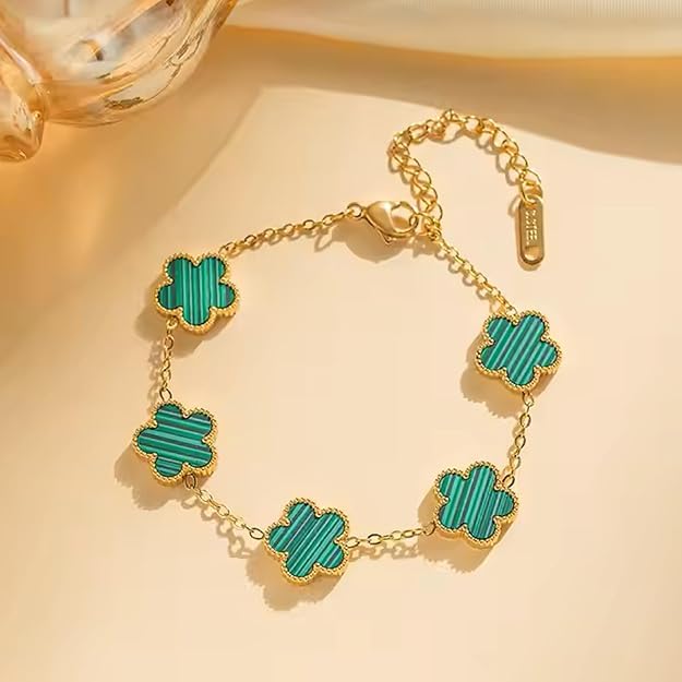 Image of STYOLLO Four-Leaf Clover Anti Tarnish Bracelet for Women & Girls Stylish | Elegant Gold-Plated Lucky Charm Jewelry | Aesthetic Enamel Design Adjustable Chain Bracelet for Daily, Gifting & Festive