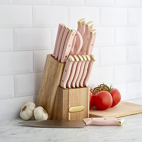 Farberware 15-Piece Triple Riveted Acacia Knife Block Set, High Carbon-Stainless Steel Kitchen Knives With Ergonomic Handles, Razor-Sharp Knife Set, Blush And Gold #TOP6