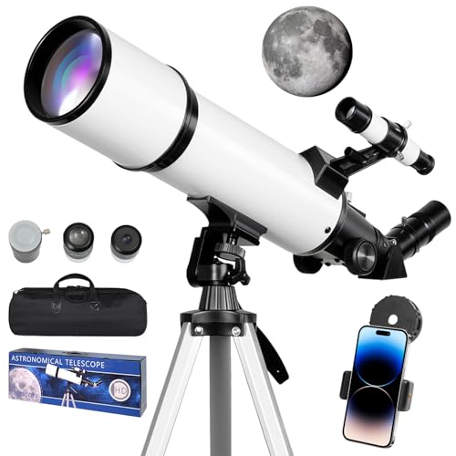 Whemyreat Astronomía telescópica de 80 mm, apertura de 60 omm, distancia focal para niños y adultos, principiantes, con trípode y soporte para teléfono móvil, telescopio refractor portátil para
