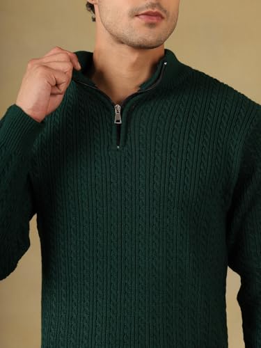 Image of Kvetoo Men's Full Sleeve High Neck Zipper Sweater| Warm Cable Knit Quarter Zip Pullover | Wool Winter Sweater for Casual & Office Wear