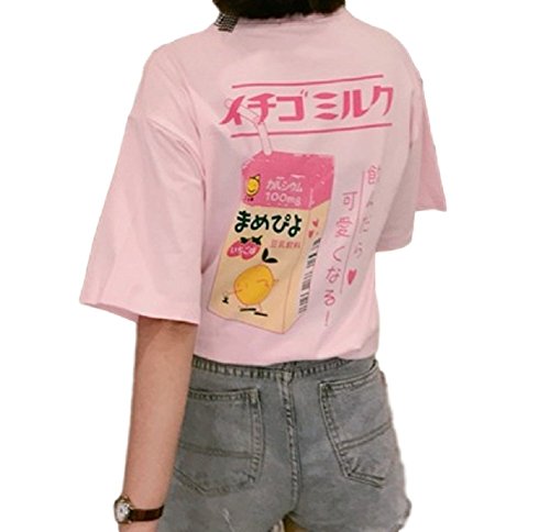 SSJ Japanese Drink Print T-Shirt Strawberry Milk MAMEPIYO rogo Color for Pink (Asia-XXL, Pink)