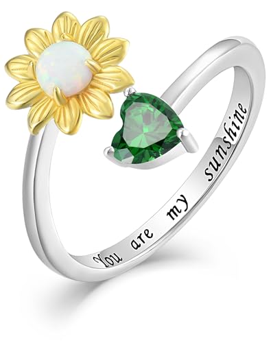 YL Butterfly Sunflower Celtic Pearl Ring for Women, Solid 925 Sterling Silver 18K White Gold Plated Birthstone You Are My Sunshine Open Heart Statement Jewelry