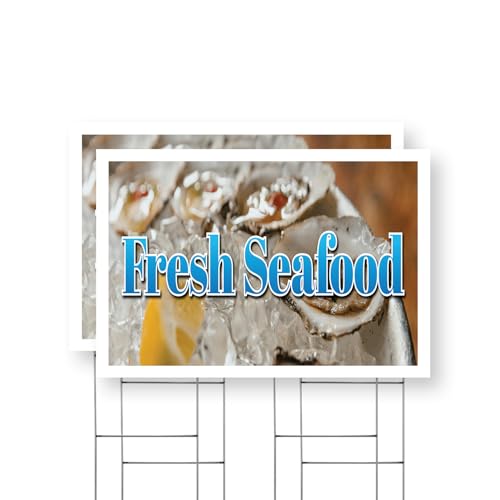 Fresh Seafood Yard Sign 2 Pack of 24 Inch x 36 Inch Single Sided Weatherproof Heavy-Duty Plastic with Stake | Locally Sourced, Premium Quality, Coastal Favorites | Made in USA