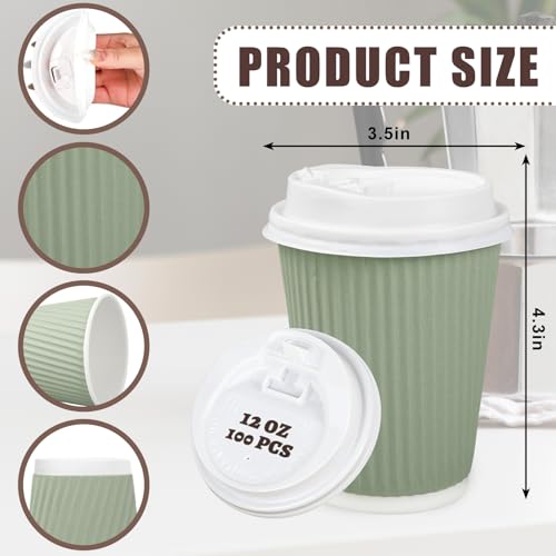 Whaline 100 Pcs Sage Green Disposable Coffee Cups with Lids 12 Oz Solid Green Paper Cups Corrugated Ripple Wall Insulated Hot Cup for Home Office Party Supplies