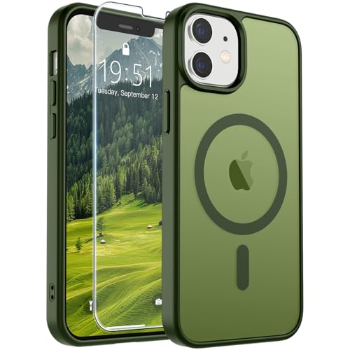 Image of SUPFINE Magnetic for iPhone 12 Mini Case & iPhone 13 Mini Case (Compatible with MagSafe) (Military Grade Drop Protection) Slim Translucent Matte Shockproof Phone Cover,Cangling Green