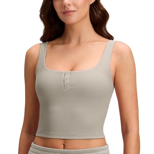 Image of CRZ YOGA Ribbed Henley Crop Tank Tops | Medium Support, Removable Pads, Casual, Square Back, Wide Straps, Longline Sports Bras for Women