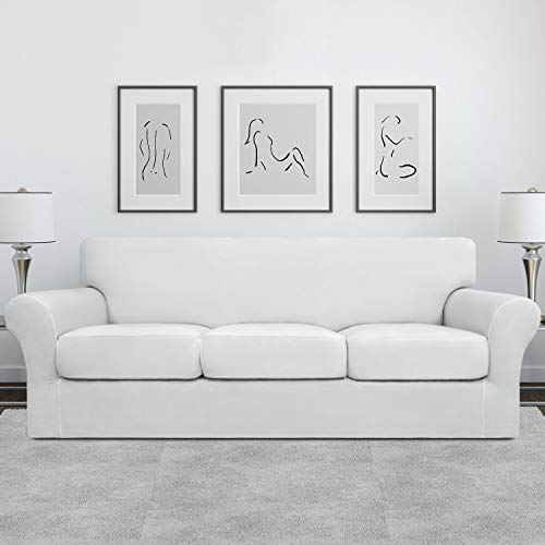 Image of Easy-Going 4 Pieces Stretch Soft Couch Cover for Dogs - Washable Sofa Slipcover for 3 Separate Cushion Couch - Elastic Furniture Protector for Pets, Kids (Sofa, Snow White, Large) | Sofa Slipcover for Stretch 3 Separate Sectional Cushion Couch - Furniture Protector for Pets, Kids Snow White