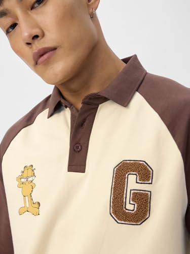 Image of The Souled Store Colourblock Polo: Garfield Men and Boys Short Sleeves Collared Neck Beige and Brown Embroidered Cotton Oversized Polos