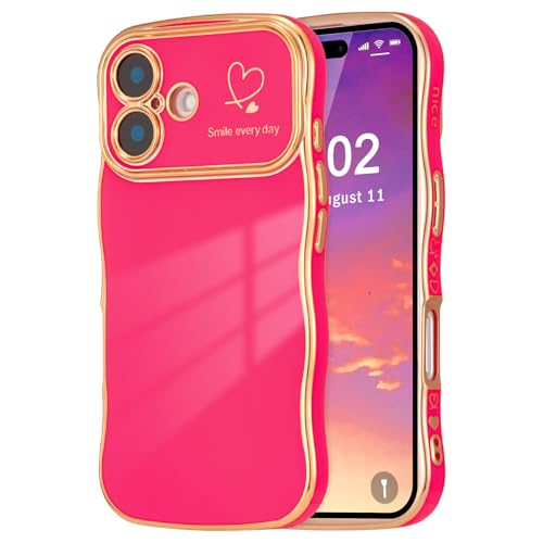 ZTOFERA for Phone A Case 6.1 inch,Cute Curly Wave Frame Case with Love Heart Pattern,Luxury Plating Edge Full Camera Protection Shockproof Phone Case for Women Girls-Rose Red