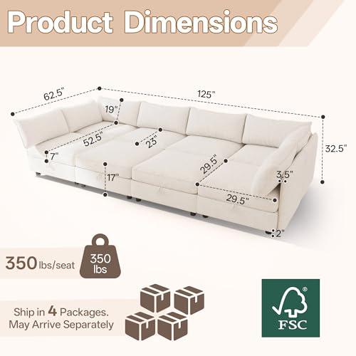 Image of 125 inch Chenille Modular Sectional Sofa Bed Hidden Storage, Convertible L U Shaped Sleeper Couch, 8 Seat Modern Modular Sectional Sofa with Removable Covers & Ottoman Chaise, for Living Room, Beige