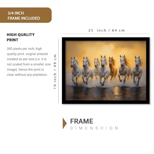 Image of HOTHOUSE Seven Running Vastu Lucky Horse | 7 Horses Vastu Frame Wall Art Painting for Living Room Bedroom Office Home Decor Rising Sun Painting Wall Decor Size (19X25 inch)