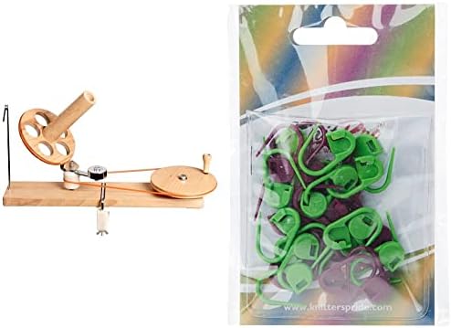 KNITPRO KP35005 KnitPro Winding & Dispensing Accessories Natural Ball Winder, Wood, Multi-Colour, 30 x 35 x 30 cm & KP10805 Plastic Locking Stitch Markers, Pack of 30, Purple and Green