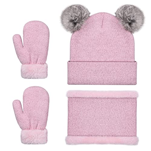 Kids Winter Hats Gloves Scarf Set - Toddler 3Pcs Knitted Mittens for Boys Girls Cold Weather Warm & Thick with Cute Fur Ball2