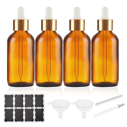 Amber Glass Dropper Bottle 4 oz, Tincture Bottles with Dropper, Golden Cap Essential Oils Bottles for Health, Personal Care & Beauty - 4 Pack