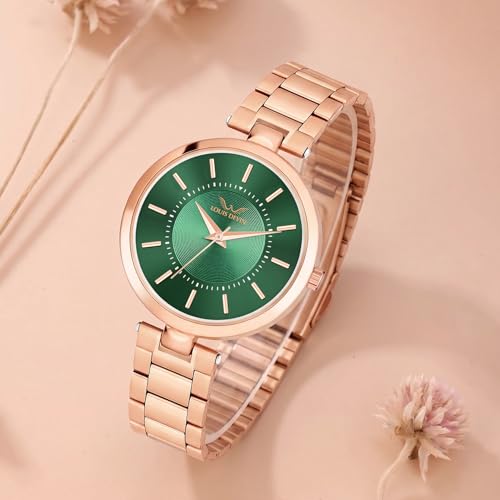 Image of LOUIS DEVIN Rose Gold Plated Metal Chain Analog Wrist Watch for Women (Rose Gold /Brown /Green Dial) | LD-ZL511