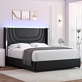 REVOMINCA Black Queen Bed Frame with LED Lights, Faux Leather Upholstered Platform with Silver Wingback Headboard, Modern Style, No Box Spring Needed, Easy Assembly, Black