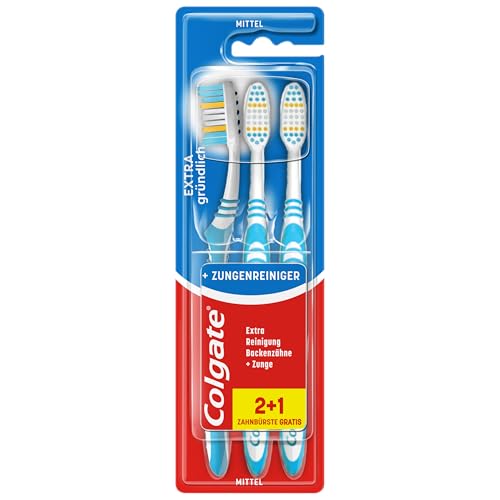 Colgate Zahnbürste Extra Clean, 3 Stück – Handzahnbürste mit mittelharten Borsten erreicht die Zahnzwischenräume sowie hinteren Zähne – Zahnreinigung mit integriertem Zungenreiniger Colgate Zahnbürste Extra Clean, 3 Stück – Handzahnbürste mit mittelharten Borsten erreicht die Zahnzwischenräume sowie hinteren Zähne – Zahnreinigung mit integriertem Zungenreiniger