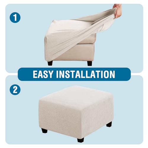 Image of H.VERSAILTEX Square Ottoman Covers Ottoman Slipcovers Folding Storage Stool Furniture Protector Form Fit with Elastic Bottom, Stretch High Spandex Small Checks Jacquard Fabric(Large,Ivory)