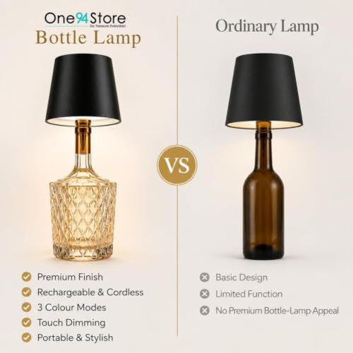 Image of One94Store Wireless Bottle Lamp, Rechargeable Cordless LED Table Lamp with 3 Colour Modes, Touch Dimming, Portable Battery Desk Night Light for Cafe, Restaurant, Bedroom & Living Room, Black.
