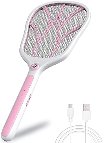 Electric Fly Swatter, 3000V Bug Zapper Racket Fly Mosquito Killer Bat with LED Light, Rechargeable USB Insect Catcher for Indoor Outdoor (Pink)