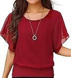  LILBETTER Damen Sommer Shirt Kurzarm Fledermausärmel Rundhals Locker Chiffon Bluse Oberteile(Rot M)