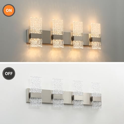 Image of Modern Brushed Nickel 4 Lights Bathroom Vanity Light, Eleglant Nickel LED Bathroom Light Fixtures over Mirror, Dimmable Acrylic Shade Wall Lighting Fixtures, Hardwired Wall Light(H9.25in, L28.35in)
