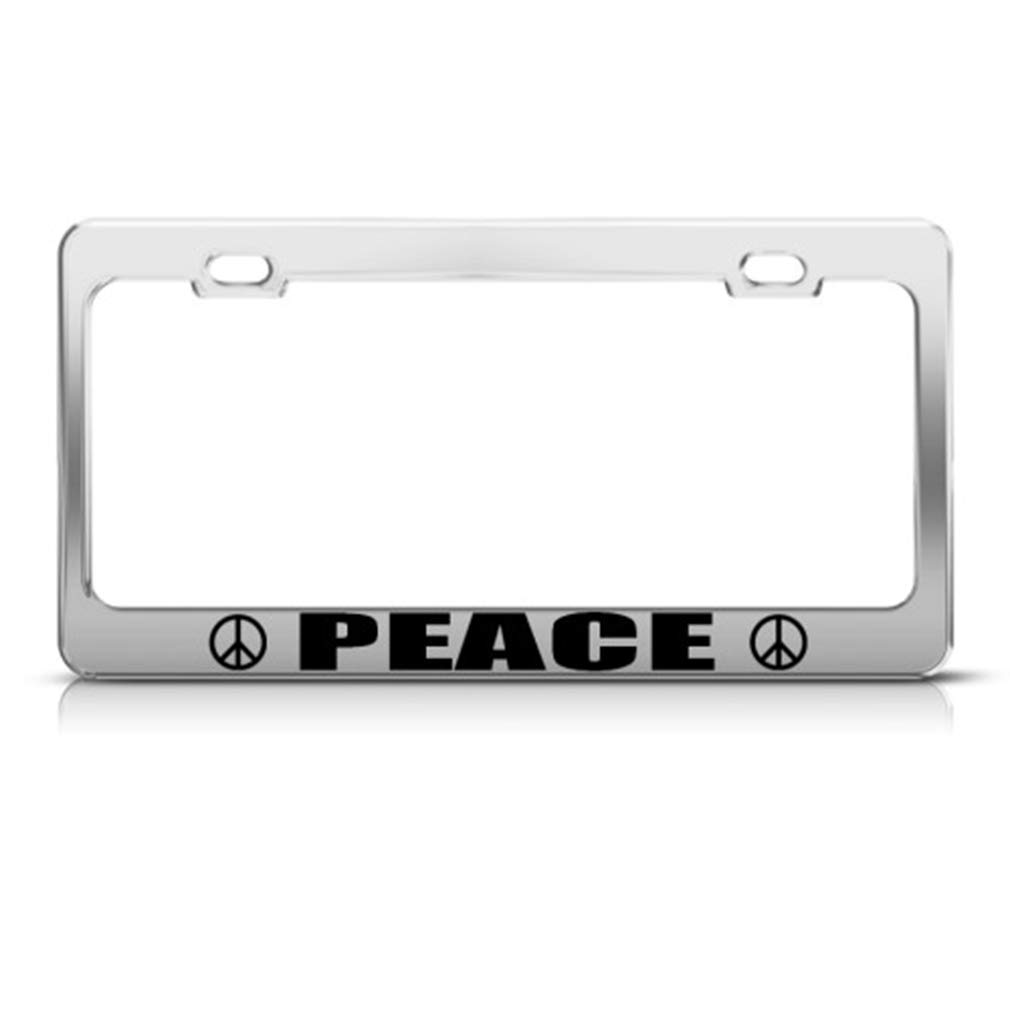 Speedy Pros Metal License Plate Frame Peace Large Sign Metal Tag Holder Car Accessories Chrome 2 Holes 1 Frame