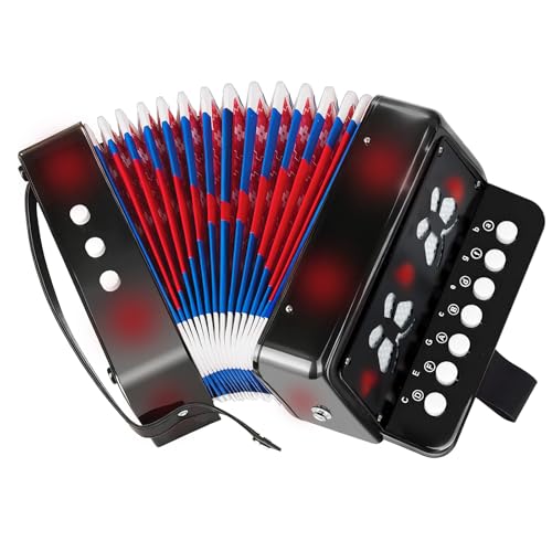 AZEAM Kids Accordion, Toy Accordion for Ages 3 5 9 7 10 12 Child Children Toddlers Beginners Kids Musical Instruments 10 Keys Button Small Lightweight for Boy Girls Christmas（Black）