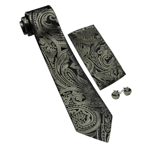 Image of Barry.Wang Men Tie Set Paisley Silk Necktie Pocket Square Cufflinks Formal Wedding Business Party