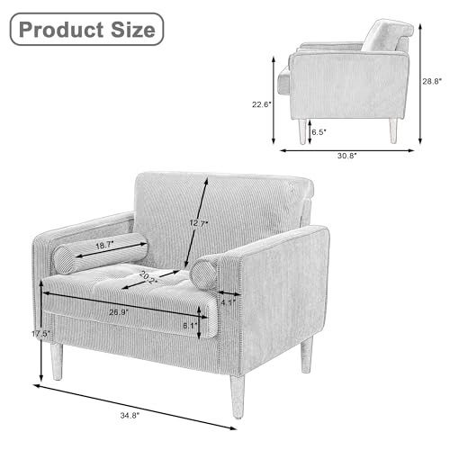 Image of Corduroy Accent Chairs Set of 2, Modern Upholstered Living Room Arm Chair Comfy Bedroom Reading Armchair with Bolster Pillows, Mid-Century Track Armrest Tufted Single Sofa Seat (Beige)