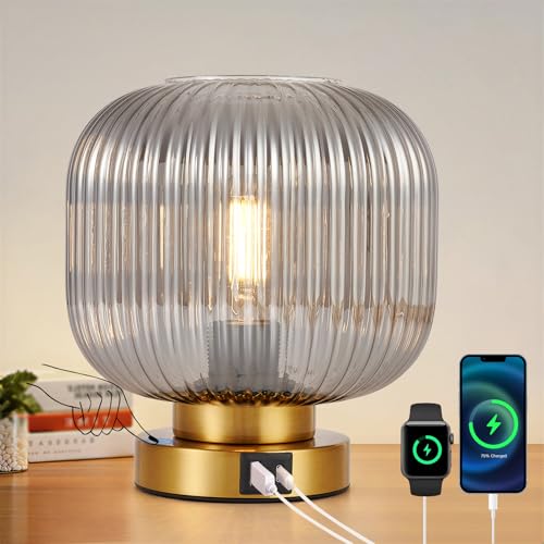 HARPER LIVING Table Lamp with USB-C & USB-A Charging Ports, Touch Control Dimmable Desk Lamp, Smoked Glass Shade & Brass Base Bedside Light for Bedroom Office Study, E27 Socket No Bulb