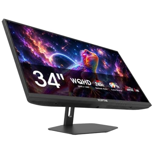 Sceptre New 34-inch Prime Gaming Monitor 3440 x 1440 up to 240Hz 1ms 100% sRGB DisplayPort x2 HDMI x2 Build-in Speakers, Machine Black 2027 (E345B-QU240T Series)