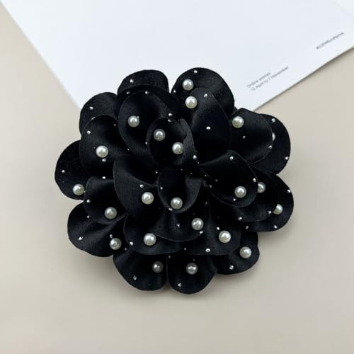 Image of Elegant Large Rose Flower Brooches Lapel Pins Handmade Dainty Satin Fabric Pearl Brooches Big Camellia Flower Brooch Pin for Women Wedding Part Dance Dress Suit Clothes Accessories Prom Jewelry