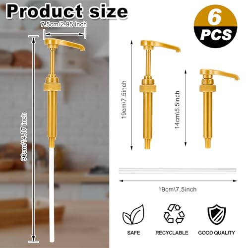 Image of Kigley 6 Pieces Coffee Syrup Pump Dispenser with Tip Cover Fits 750ml /25.4oz Bottles, Skinny Syrup Pump for Coffee Flavoring, Creamers, Caramel, Beverages, Dinning Cafe Bar Drinking Mixes(Gold)
