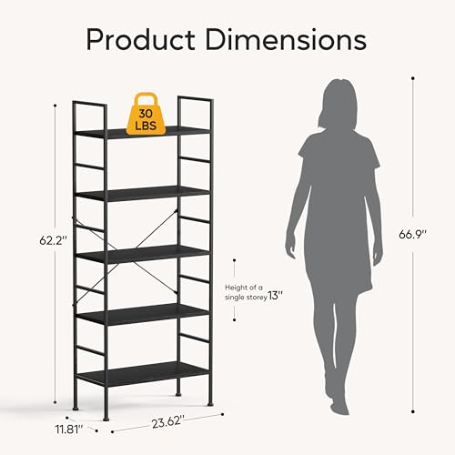 Image of HealSmart 5 Tier Bookshelf, Free Standing Book Shelf Home Office Bookcase Shelf Storage Organizer for Bedroom, Living Room, Bathroom, Office, Balcony, Black