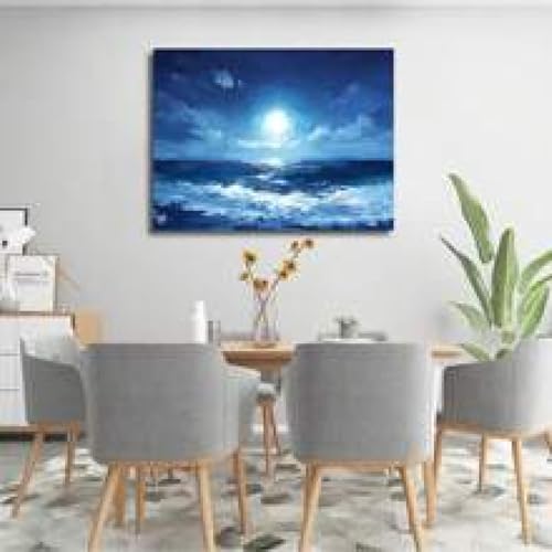 Toile ciel nocturne océan lune art mural bleu affiche sans cadre 21x30 - 3