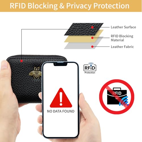 Image of WOZEAH Leather Credit Card Holder for Women Wallet RFID Blocking Zipper Wallet Card Case Business(Black)