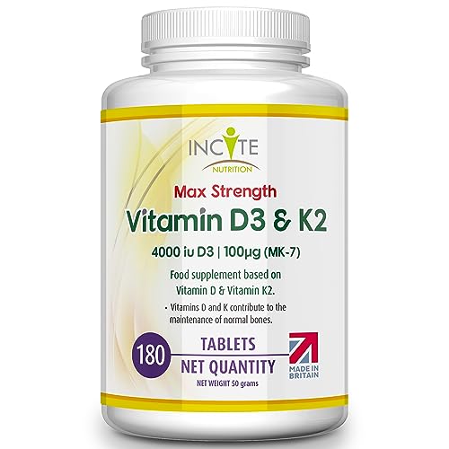 Vitamin D3 K2 (MK7) 100 ug - Vitamin D3, 4000iu & Vitamin K2-180 Premium Vegetarian Tablets - 6 Month’s Supply - High Strength Quality - Made in The UK by Incite Nutrition®
