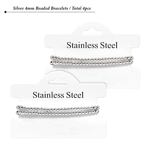 SM Stainless Steel Gold Silver Rose gold Beaded Ball Bracelets 4PCS Set for Women Stretchable Elastic Bracelet (4mm - Silver, Stainless Steel)4