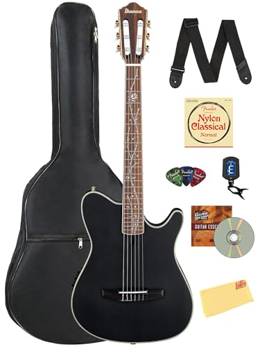 Ibanez TOD10N TOD Tim Henson シグネチャー ナイロン アコースティック エレキギター - 透明 ブラック フラット バンドル ギグバッグ、チューナー、ストラップ、弦、ピック、Austin Bazaar インストラクションDVD、
