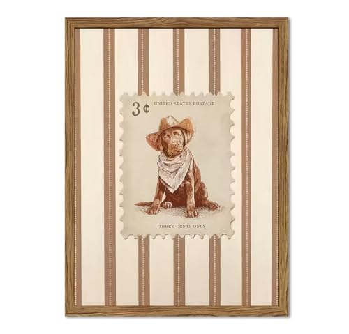 Western Cowboy Dog Wall Art, Vintage Striped Animal Southwestern Wall Decor Pictures Retro Southwest Cowboy Poster Painting Canvas Print for Living Room Bedroom 16x24 Inch Wood Framed