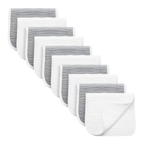 Image of Synrroe Burp Cloths Large, Muslin Burp Cloths for Baby Girls and Boys, Pack of 10 Extra Absorbent and Soft Muslin, 6 Layers 20 by 10 Inches 100% Cotton (Grey-White 10 Pack)