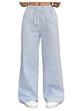 RoseSeek Girl's Striped Wide Leg Baggy Pants Elastic Waist Casual Long Trousers with Pockets Blue and White 14Y